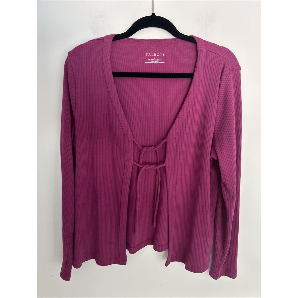Talbots‎ Women's L Ripple Tie Front Long Sleeve Burgundy Cotton Cardigan